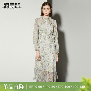 海青蓝气质优雅碎花连衣裙女2026年新款春装印花减龄洋气中长裙子