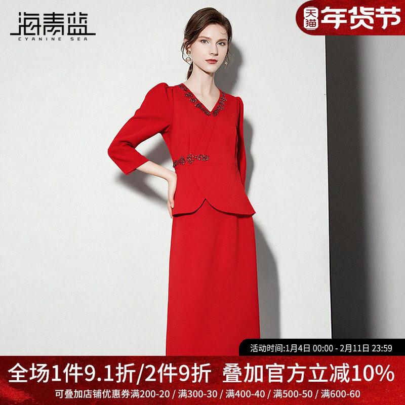 海青蓝 红色连衣裙女2025新款冬时尚气质镶钻v领设计感女装裙子,女装/女士精品,连衣裙,淘宝优惠券,粉丝福利购,淘宝优惠卷