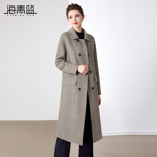 海青蓝双排扣大口袋设计羊毛大衣