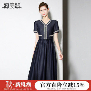 气质中长款 海青蓝 拼接v领时尚 女装 高级裙子 牛仔连衣裙女2025新款