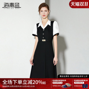 女装 气质撞色短袖 2025新款 高级设计感小众时尚 连衣裙 夏季 海青蓝