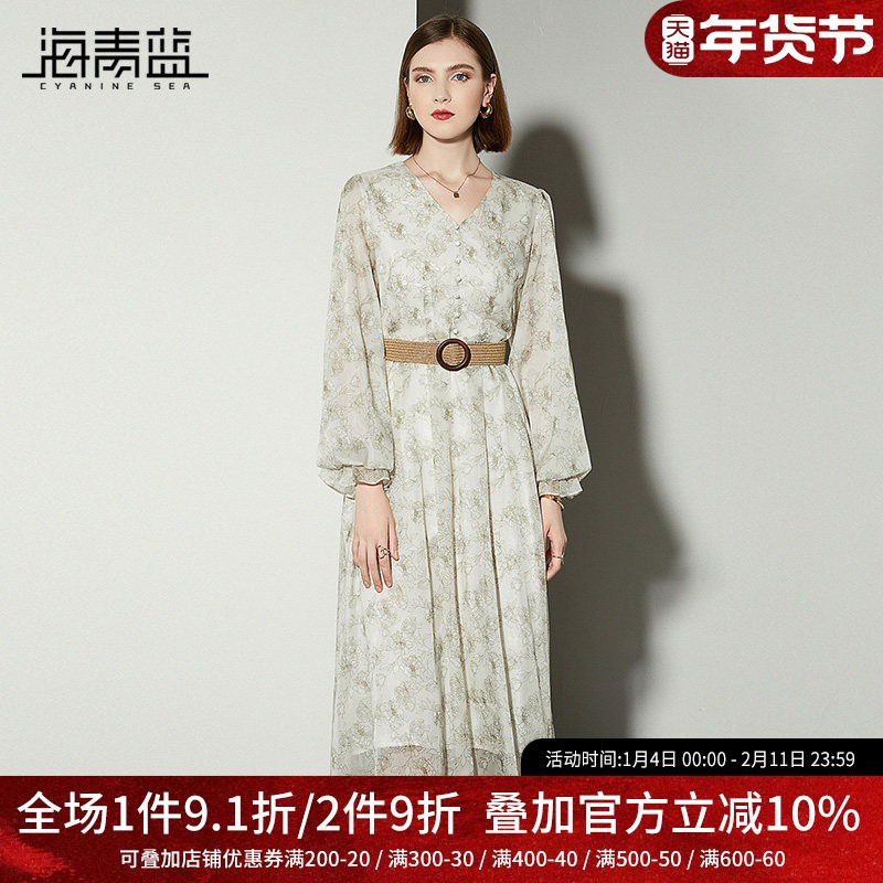 海青蓝温柔风气质连衣裙女2025年新款春装印花减龄长袖修身中长裙