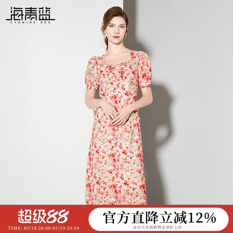 海青蓝 夏季短袖连衣裙2025年新款高级印花设计感女装中长款裙子