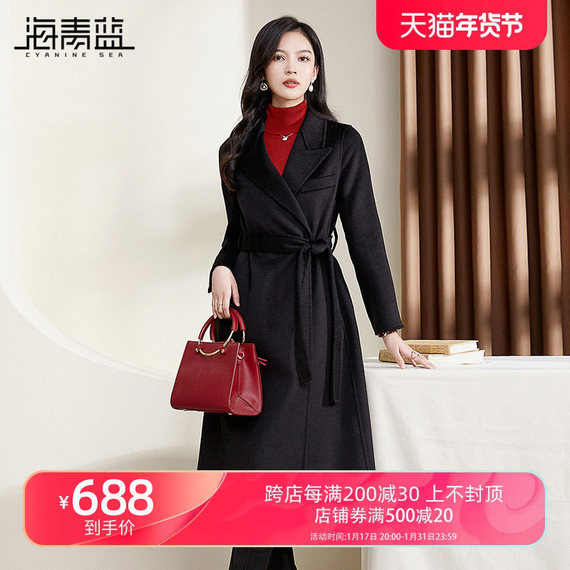 海青蓝时尚水波纹绵羊毛呢子大衣女秋冬季新款中长款红色毛呢外套