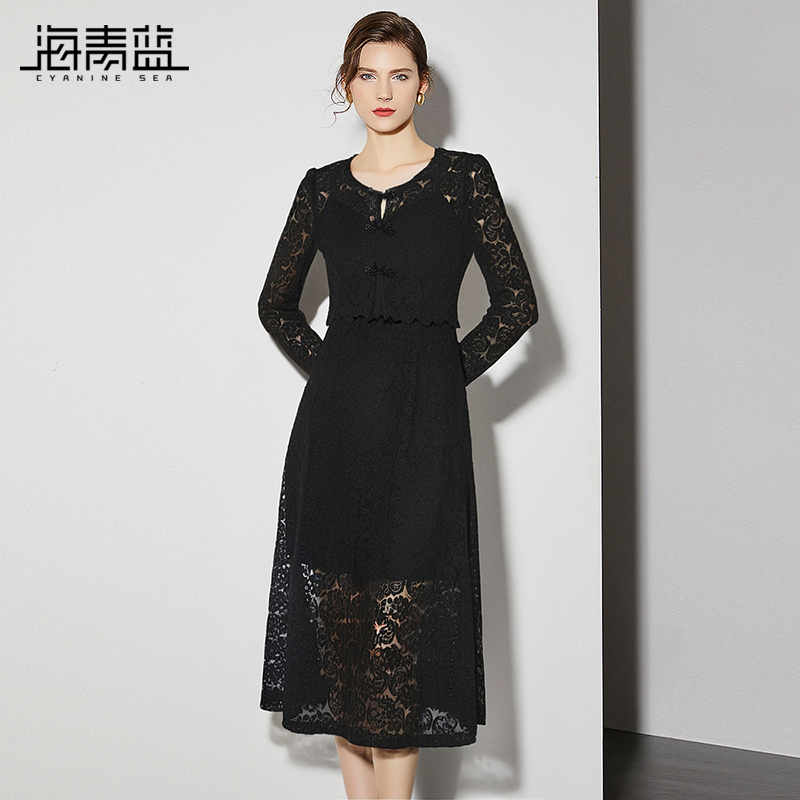新中式蕾丝套装裙海青蓝