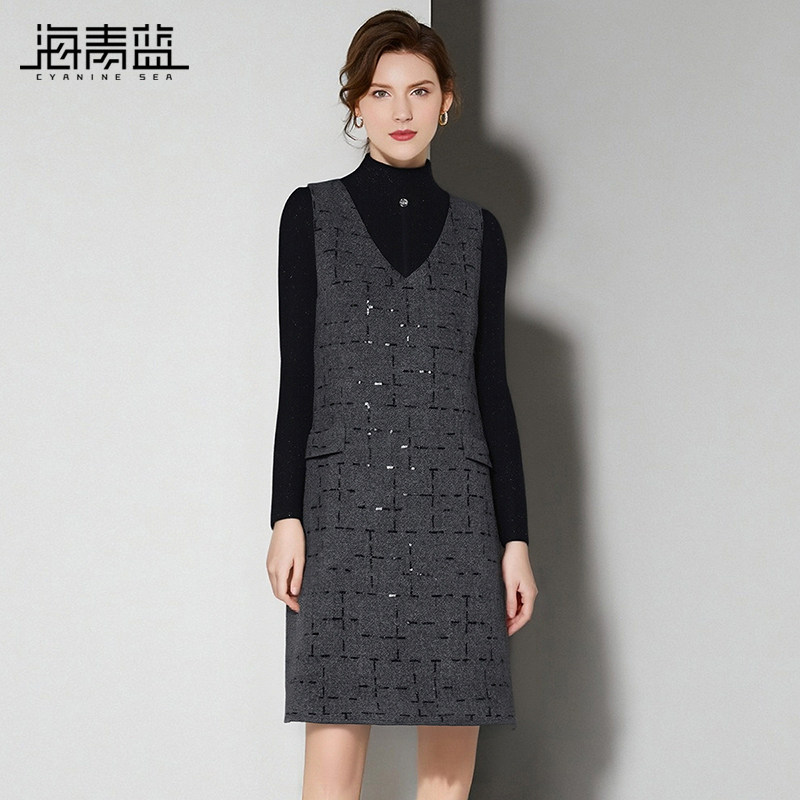 海青蓝 套装连衣裙2025年新款秋冬半高领内搭针织衫上衣女装裙子