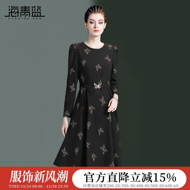 高级感印花海青蓝大摆连衣裙