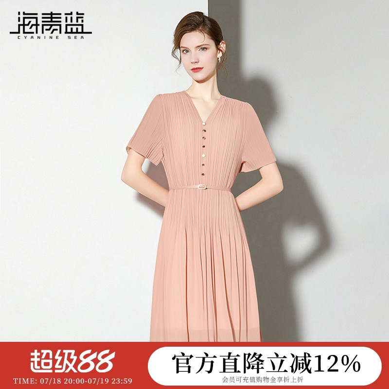 海青蓝 连衣裙夏女2025新款女装高级时尚气质纯色皱褶中长款裙子