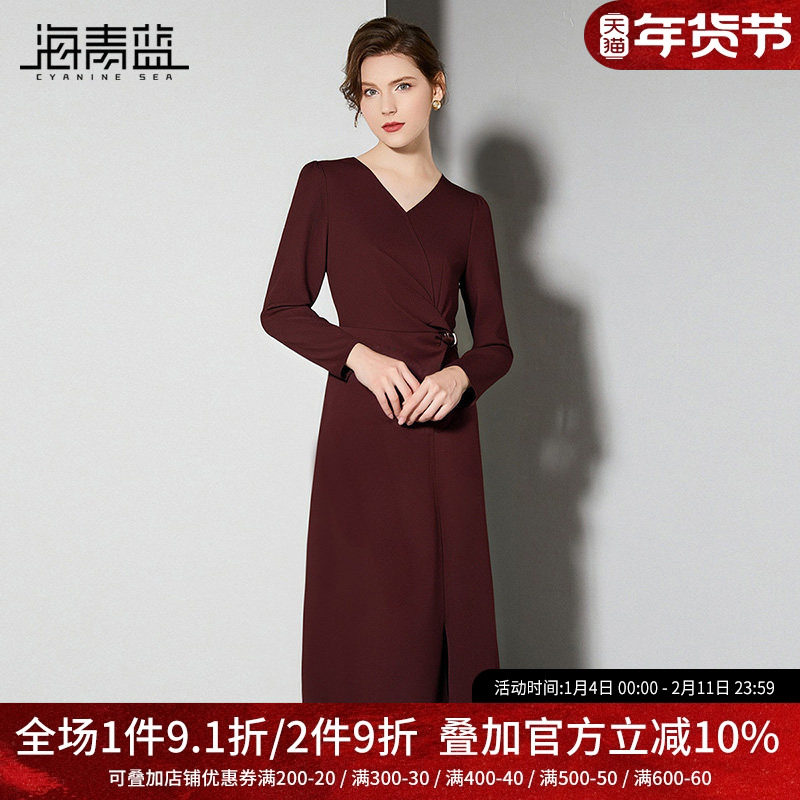 海青蓝 秋连衣裙女2025新款高级长袖女装修身简单黑色中长款裙子