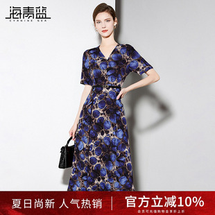 短袖 女装 海青蓝 裙子夏装 漂亮气质海边连衣裙女 2025新款 v领时尚