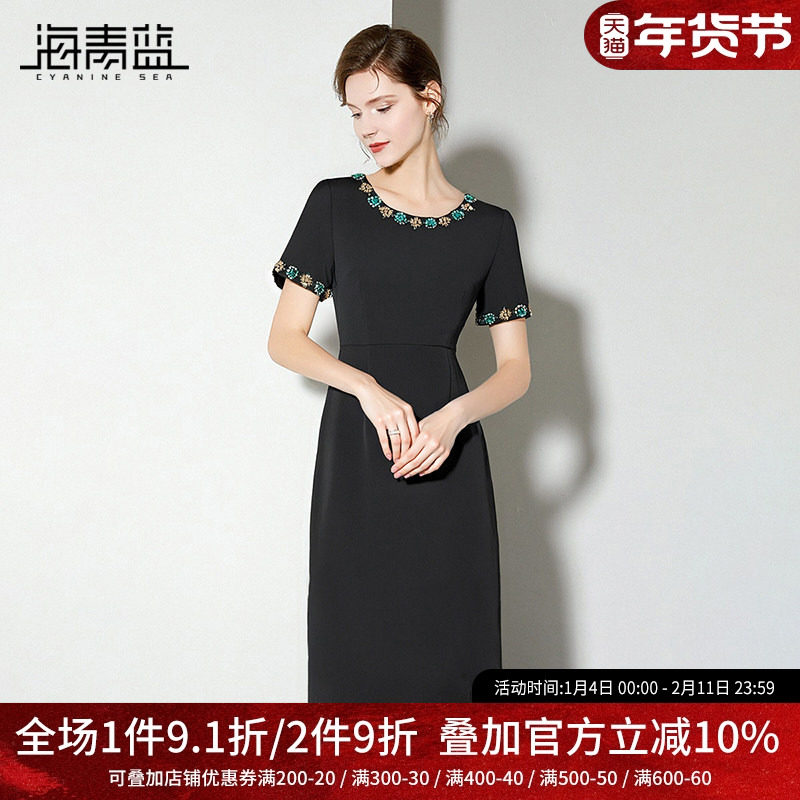 海青蓝高级感重工镶钻连衣裙2025夏季新款短袖气质女神范优雅裙子,女装/女士精品,连衣裙,淘宝优惠券,粉丝福利购,淘宝优惠卷