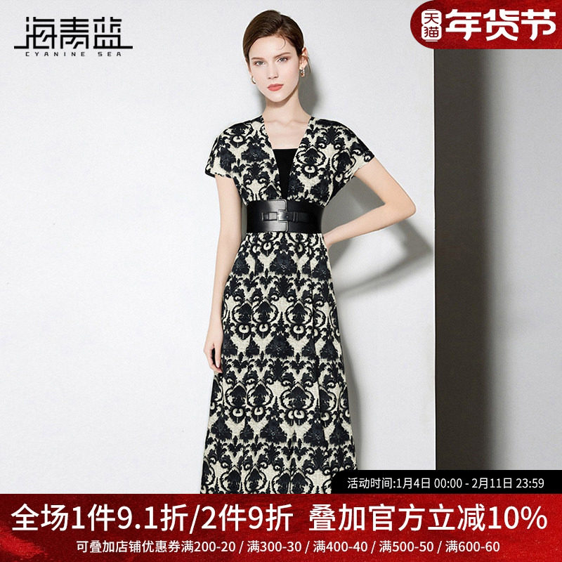 海青蓝 连体裤夏女2025新款短袖印花女装高级时尚气质中长款裙裤