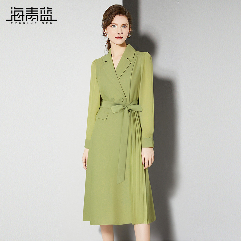 通勤OL西装领气质海青蓝连衣裙