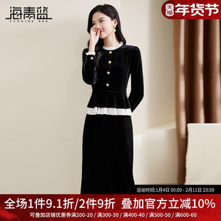 海青蓝赫本风黑色金丝绒连衣裙女秋冬新款法式洋气减龄假两件裙子