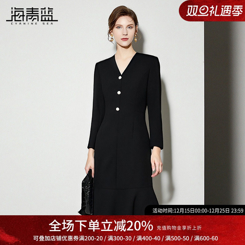 海青蓝 黑色连衣裙2025年新款秋冬高级好看妈妈法式长袖中长款裙