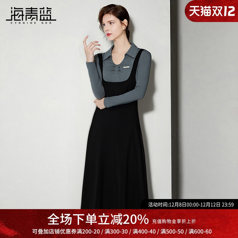 海青蓝 秋冬连衣裙女2025年新款翻领长袖中长款修身高级女装裙子