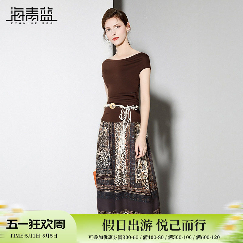 海青蓝 套装夏女2026新款高端设计感上衣中长款印花半身裙两件套