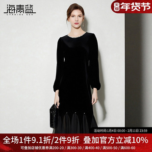 海青蓝 高级感法式连衣裙秋冬女2025年新款小个子长裙赫本风裙子