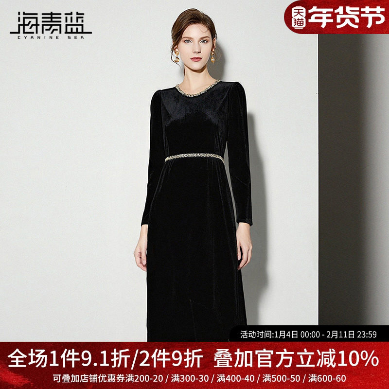 海青蓝 丝绒秋冬连衣裙女2025年新款女装长袖中长款设计感女装裙