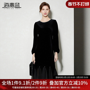 海青蓝 高级感法式连衣裙秋冬女2025年新款小个子长裙赫本风裙子