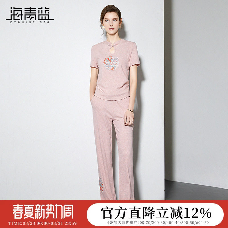 海青蓝新中式国风刺绣减龄两件套2026夏季新款舒适休闲运动套装女