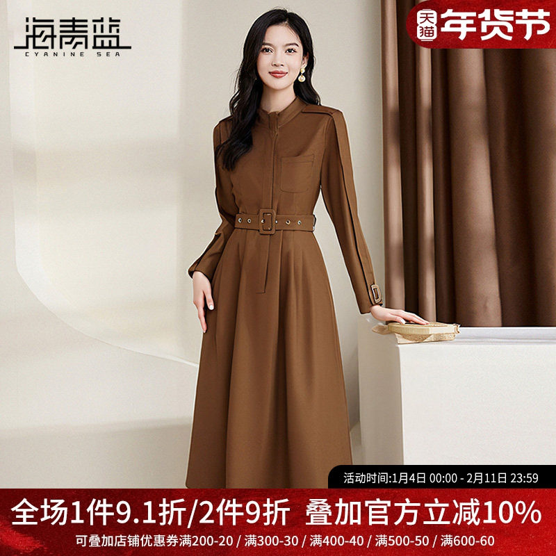 海青蓝2025秋季时尚通勤连衣裙小个子穿搭气质中长裙长袖显瘦裙子