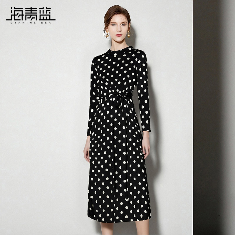 海青蓝 秋季波点连衣裙女2025年新款长袖修身时尚气质女装中长裙