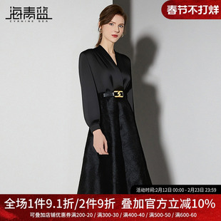 海青蓝 法式连衣裙秋冬女2025年新款高级感设计感长袖赫本风裙子