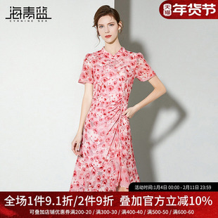 海青蓝 印花中式立领连衣裙2025年新款高级设计感女装中长裙子女