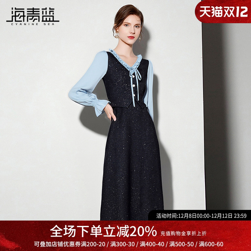 海青蓝裙子秋冬连衣裙