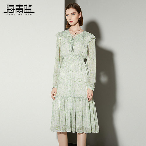 海青蓝时尚碎花减龄显瘦连衣裙