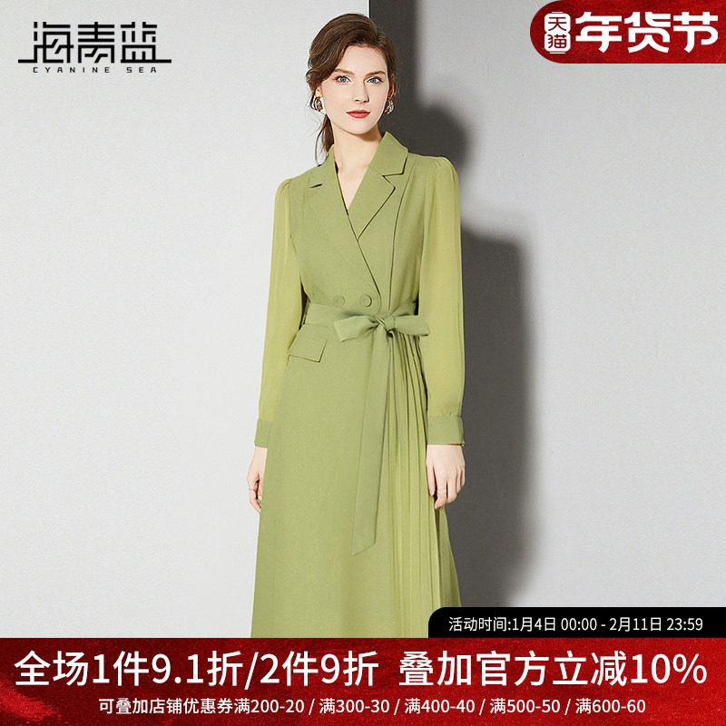 海青蓝气质通勤OL西装领连衣裙女装2025秋装新款轻熟风收腰裙子