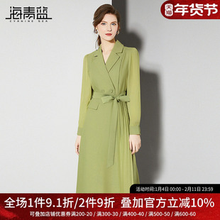 海青蓝气质通勤OL西装领连衣裙女装2025秋装新款轻熟风收腰裙子