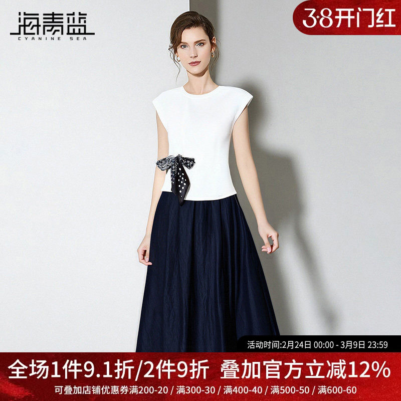 海青蓝 套装2025年新款女装T恤上衣牛仔半身裙夏季高级两件套女