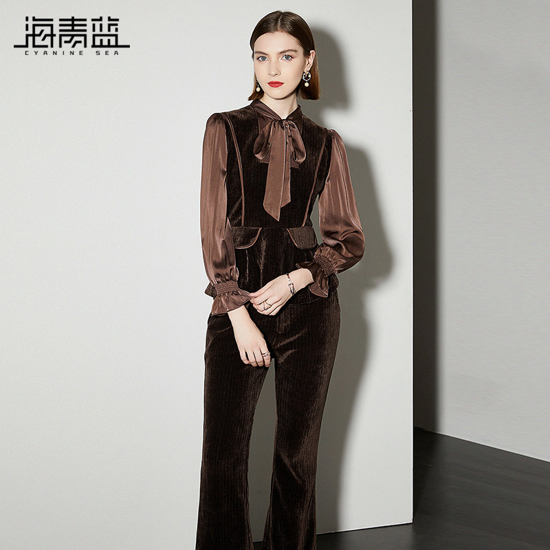 海青蓝 灯芯绒套装女冬季高级感2026年新款飘带上衣休闲裤两件套