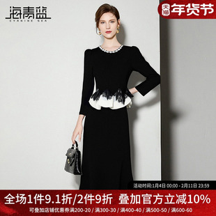 海青蓝 秋季连衣裙2025年新款时尚气质女装撞色中长款高级裙子