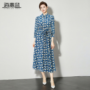 气质减龄收腰衬衫 2025新款 碎花长裙 优雅印花连衣裙春季 海青蓝时尚