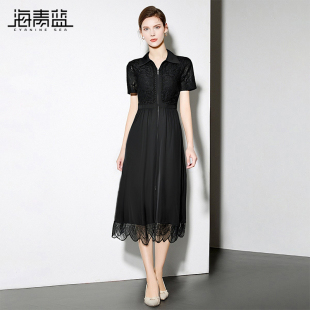 气质女装 优雅高级时尚 度假裙 蕾丝翻领连衣裙夏女2025新款 海青蓝