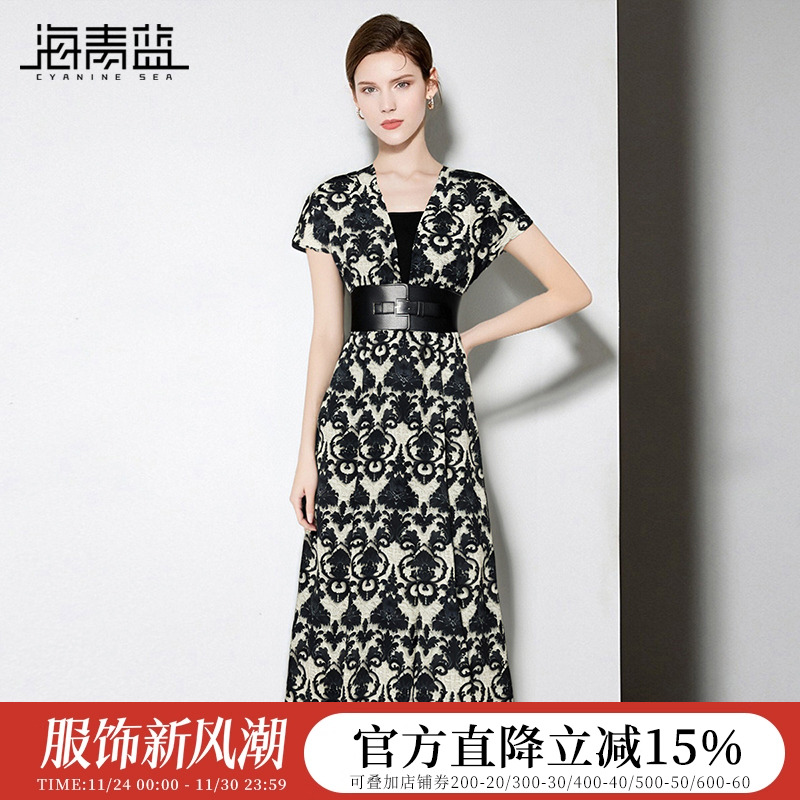 海青蓝 连体裤夏女2025新款短袖印花女装高级时尚气质中长款裙裤