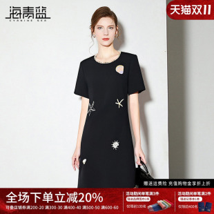 圆领绣花时尚 连衣裙女夏2025新款 气质温柔裙子 短袖 海青蓝