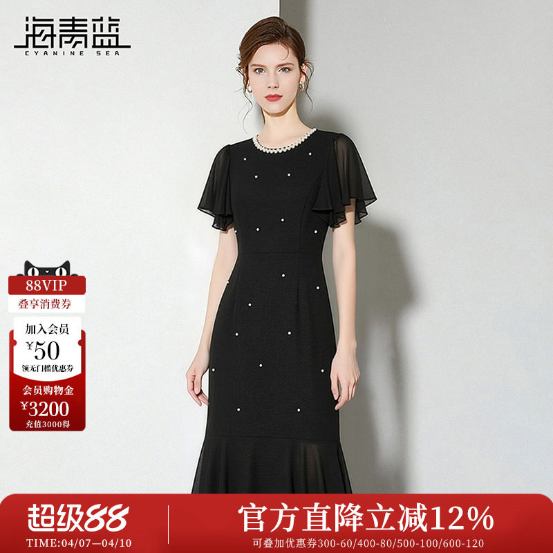 海青蓝  短袖钉钻网纱连衣裙夏女2026新款女装轻熟小众不撞款裙子