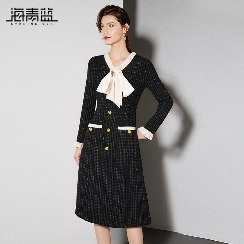 海青蓝气质法式小香风连衣裙