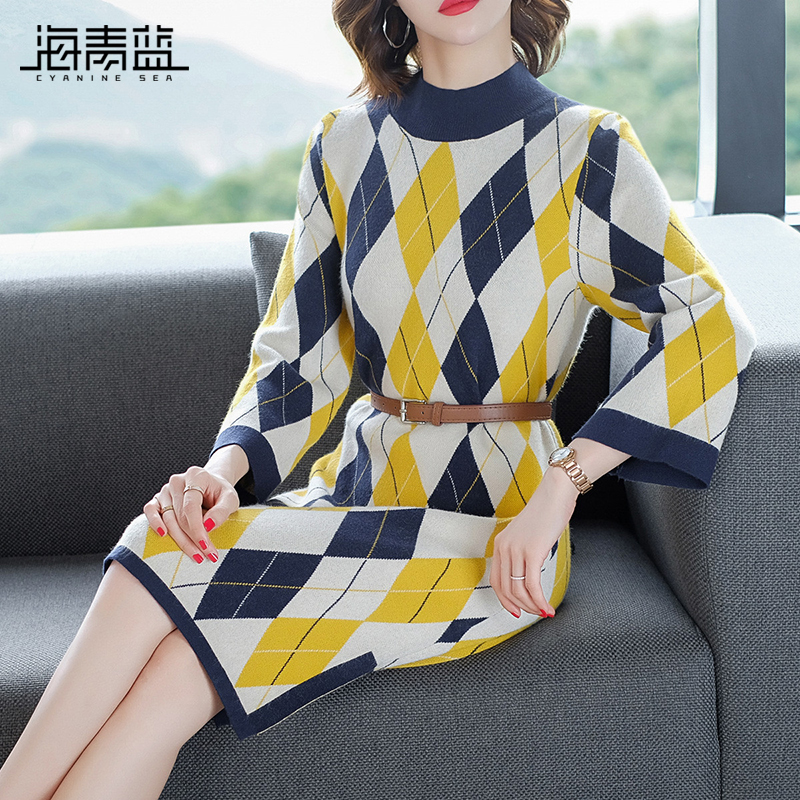 海青蓝秋冬新款时尚菱形格子拼接毛衣裙收腰显瘦开叉直筒连衣裙女