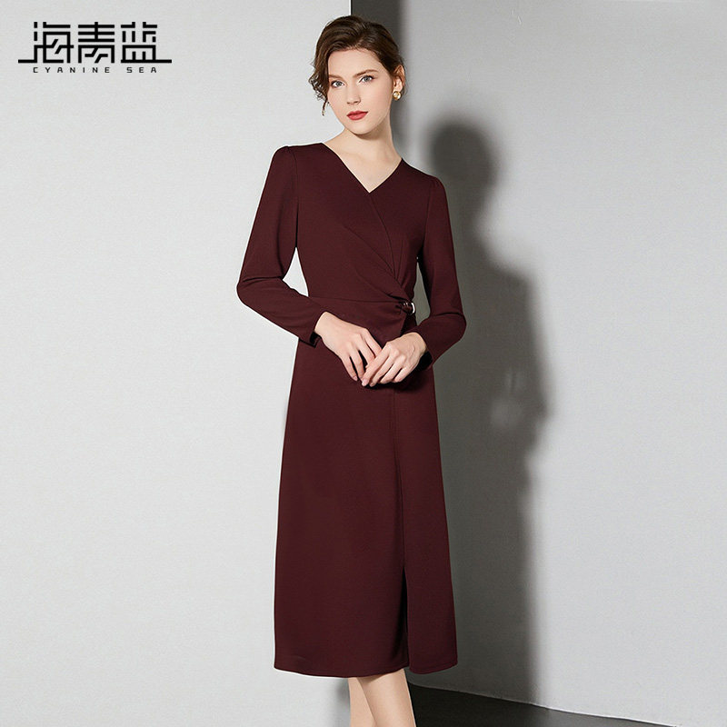 海青蓝 秋连衣裙女2025新款高级长袖女装修身简单黑色中长款裙子