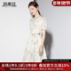 海青蓝复古水墨印花连衣裙女2025夏季 新款 圆领收腰显瘦雪纺中长裙