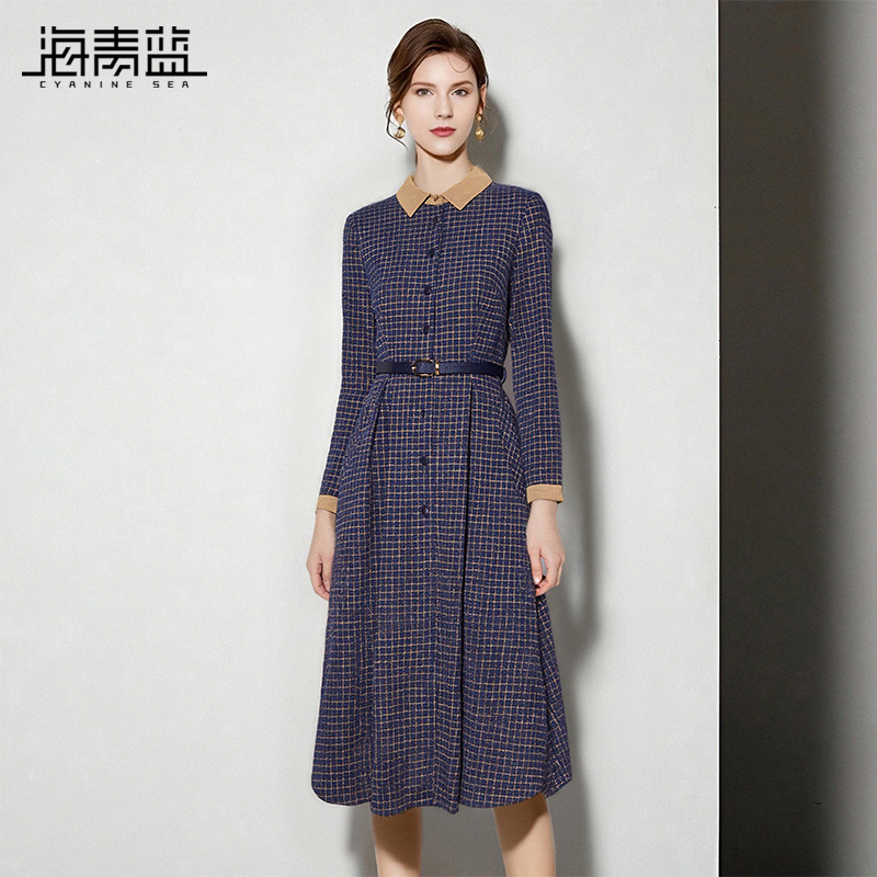 海青蓝裙子翻领连衣裙