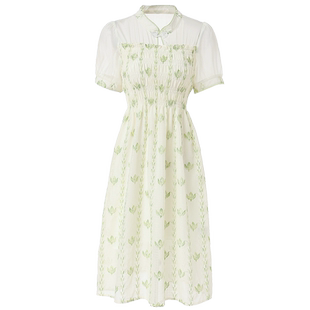 海青蓝小清新碎花连衣裙2025夏季新款淑女印花新中式改良旗袍裙子