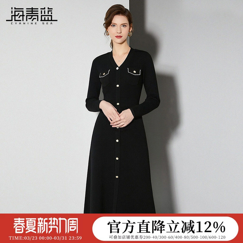 海青蓝 连衣裙女2026年新款A字裙黑色中长款长袖V领女装针织裙子