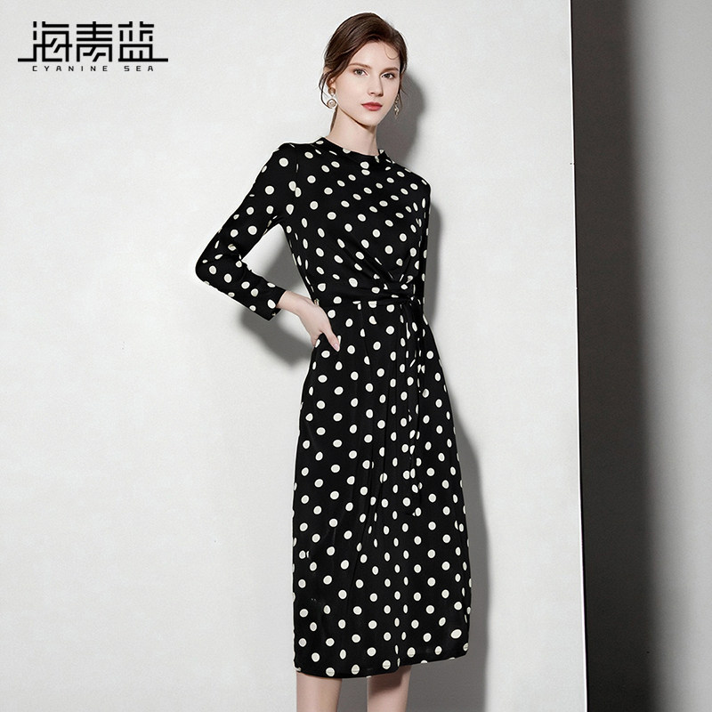 海青蓝 秋季波点连衣裙女2025年新款长袖修身时尚气质女装中长裙