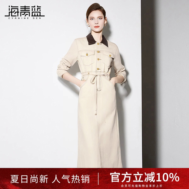 海青蓝复古气质翻领牛仔连衣裙